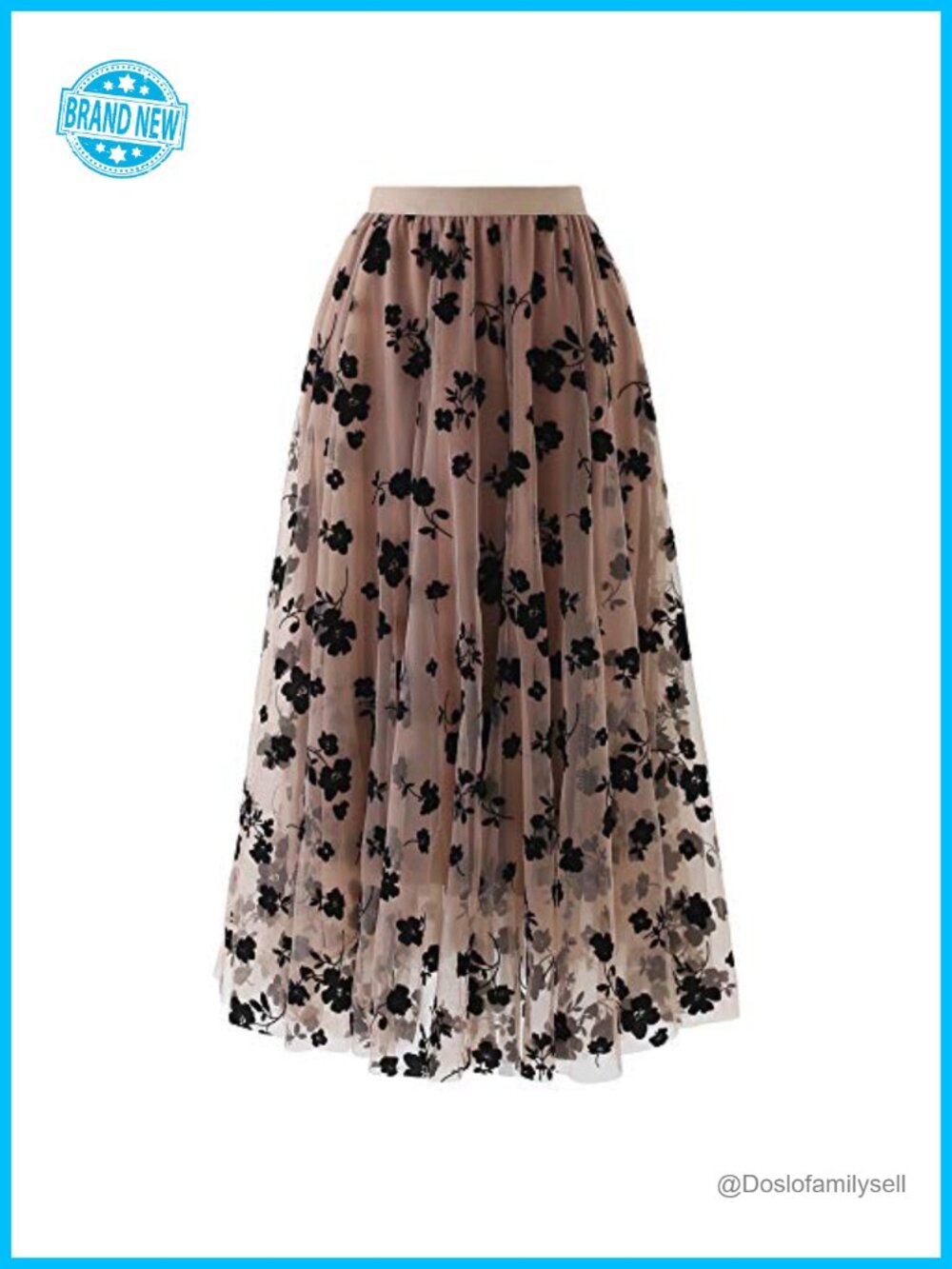 3D Posy Double-Layered Mesh Midi Skirt Elastic Waist A-Line Party Skirt
